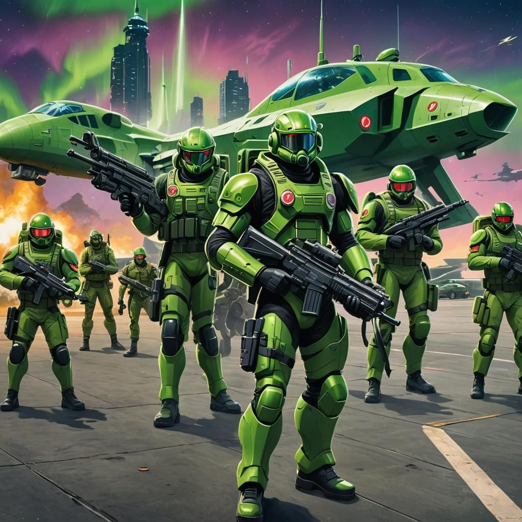 Futuristic Soldiers on Runway with Aurora City