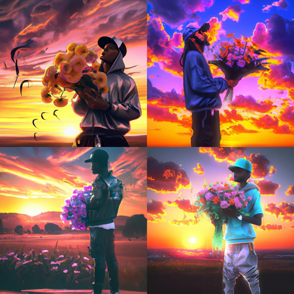 Rapper Surrounded by Flowers at Sunset
