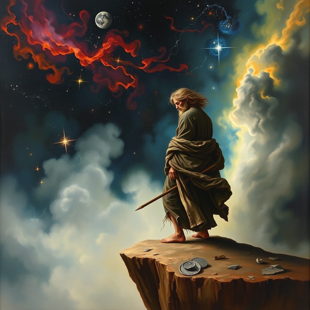 Lone Figure at Cliff Edge with Starry Sky