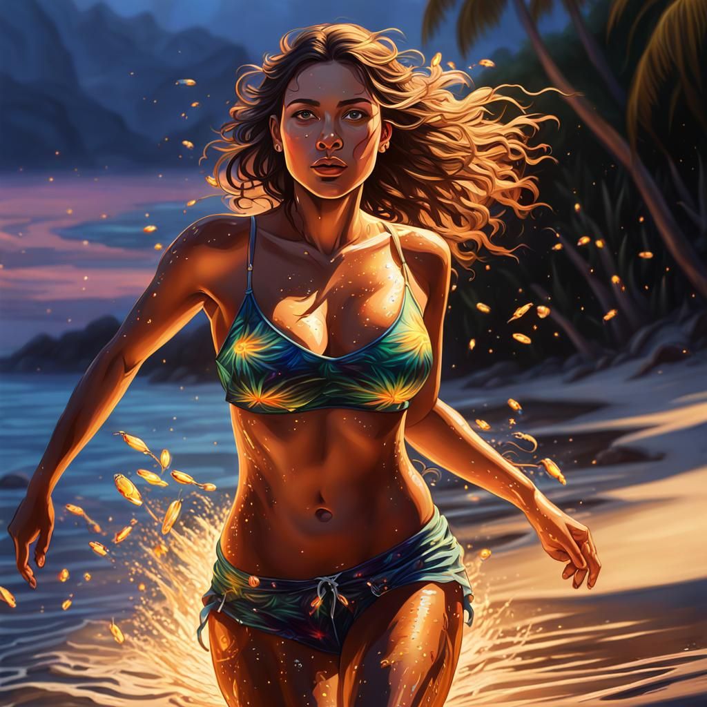 Tropical Beach Portrait with Dancing Fireflies
