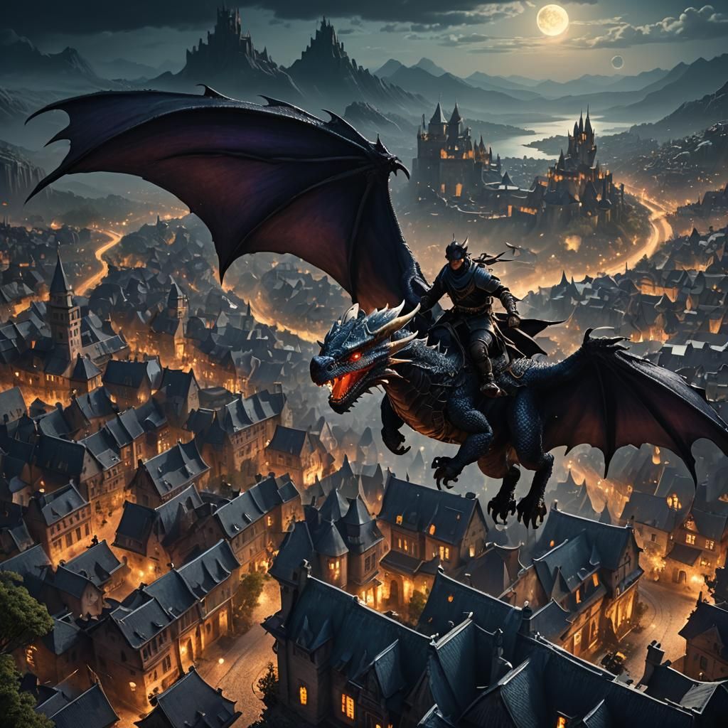 Dragon Rider Soaring Above Town at Night