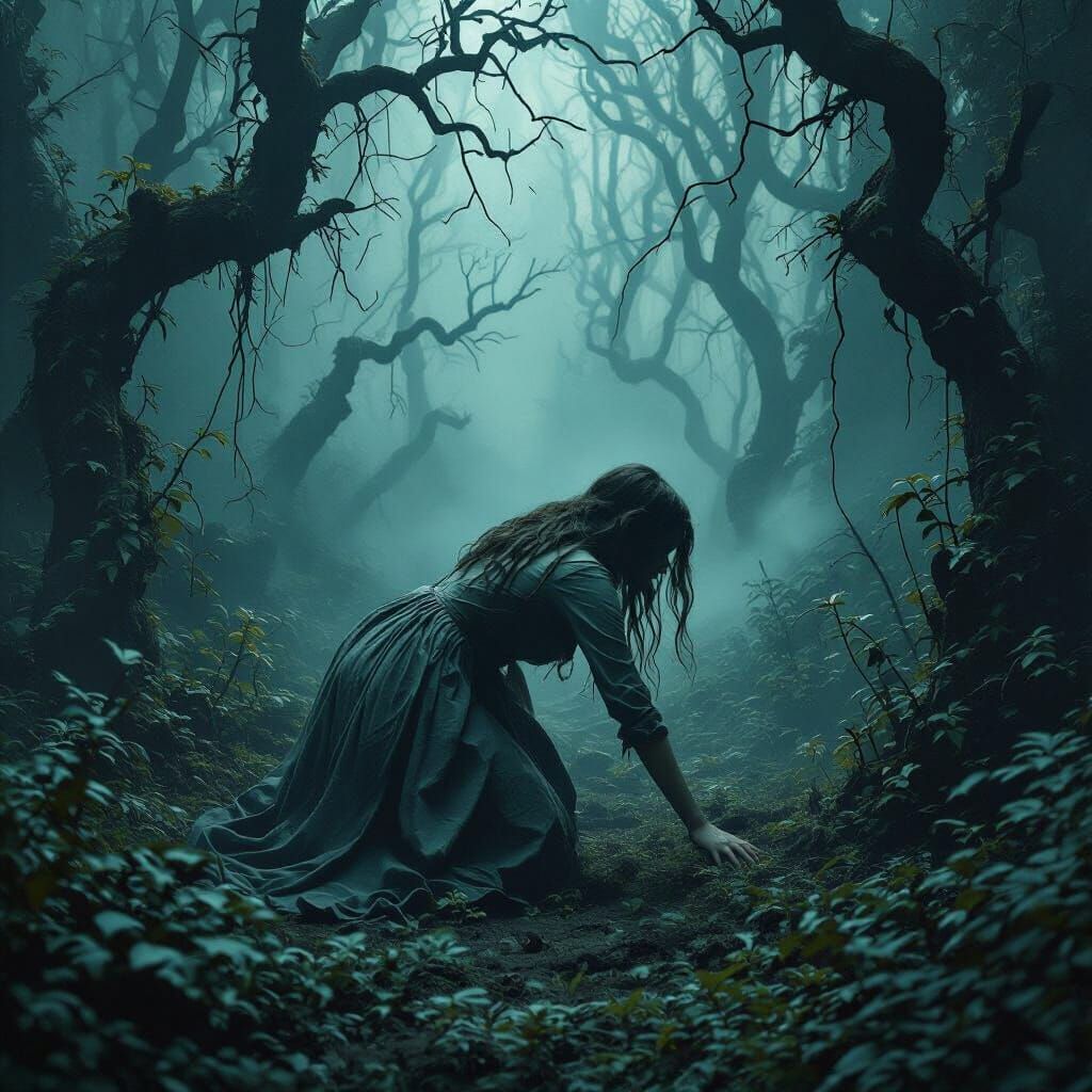 Woman Crawls Through Dark, Twisted Gardens in Surreal Style