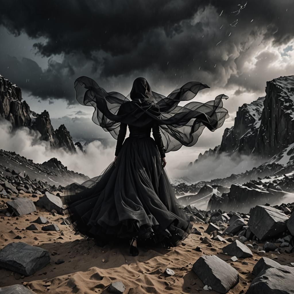 Ethereal Tulle Lady in Winter Storm, Black and White