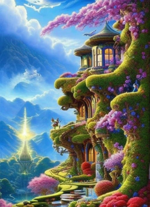 Whimsical Houses in a Vibrant Fantasy Landscape