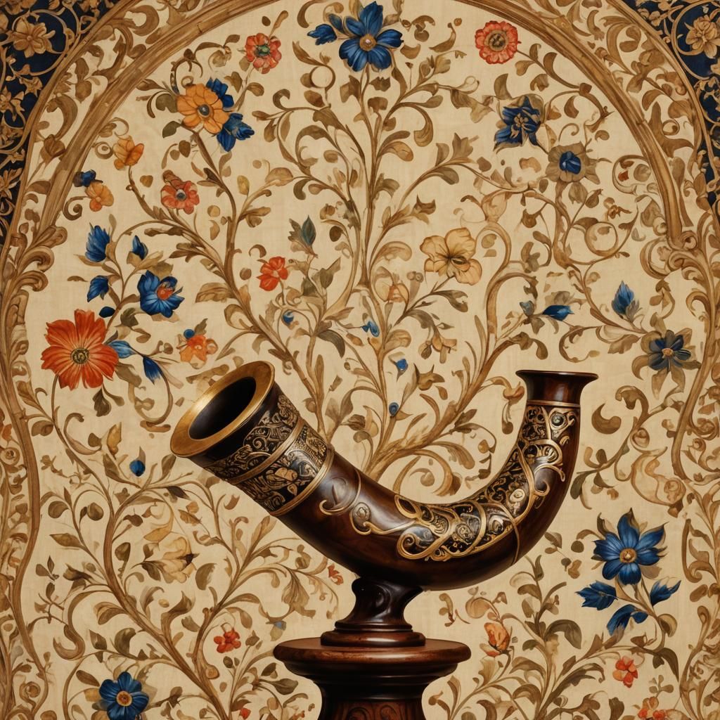 Ornate Ram's Horn Shofar in Baroque Still Life