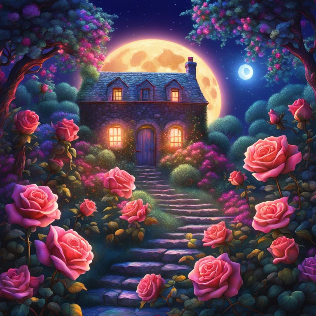 Moonlit Rose Cottage in Surrealist Style