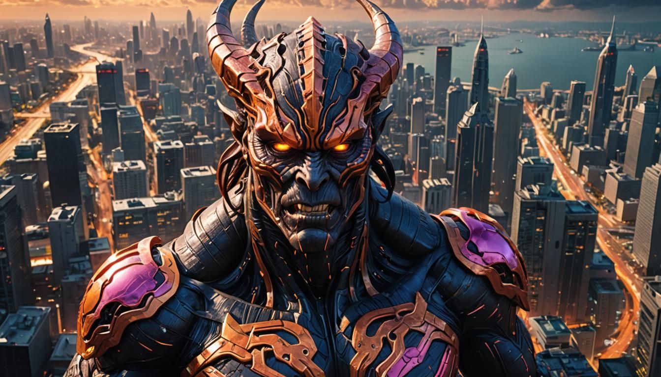 Giganta Looms Over Cityscape in Anime Style