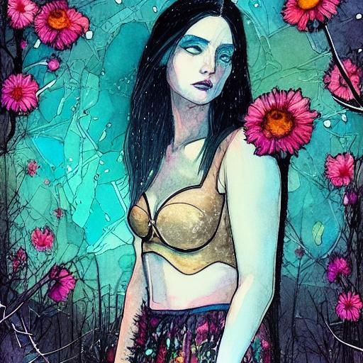 Post-Apocalyptic Woman in Desolate Summerscape Watercolor