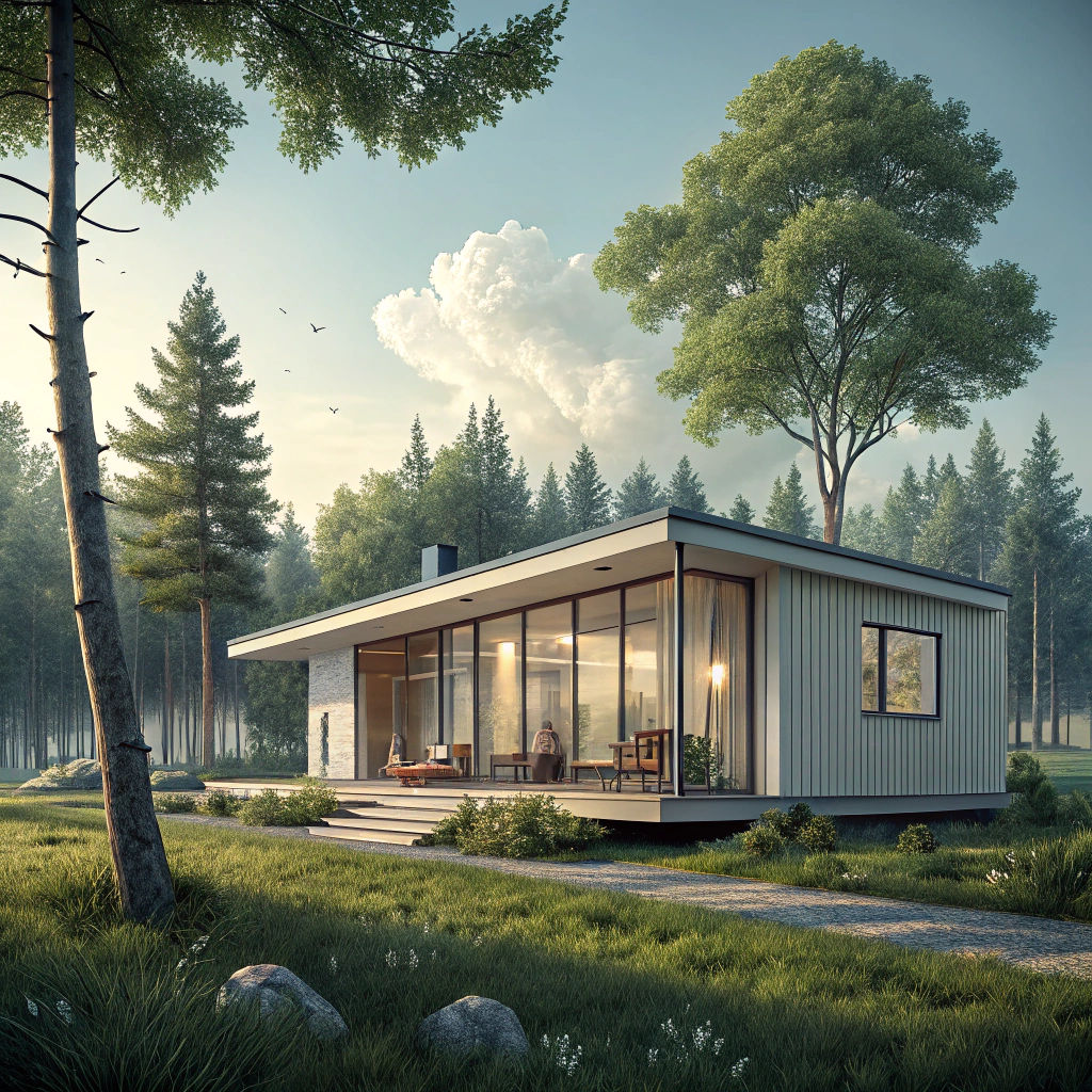 Futuristic Minimalist Cabin in Summer Landscape