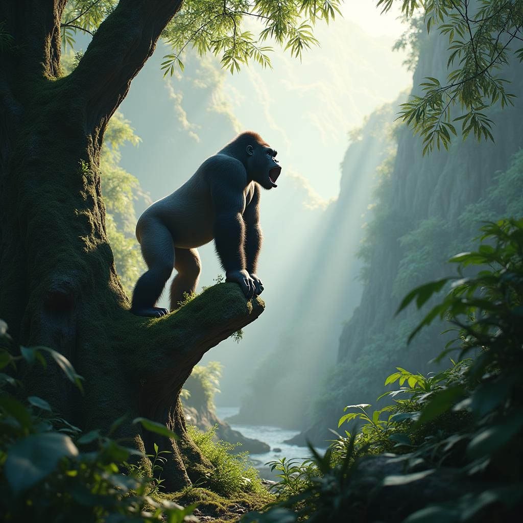 Majestic Gorilla Roars in Lush Rainforest Vista