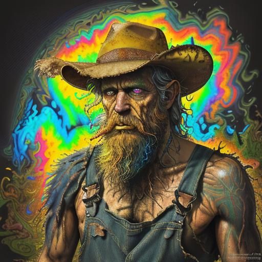Appalachian Codger on Psychedelic Trail as Oil Gouache