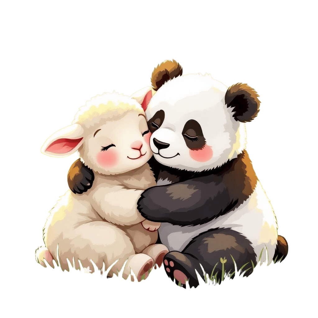Cute Lamb and Panda Hug in Watercolor Style