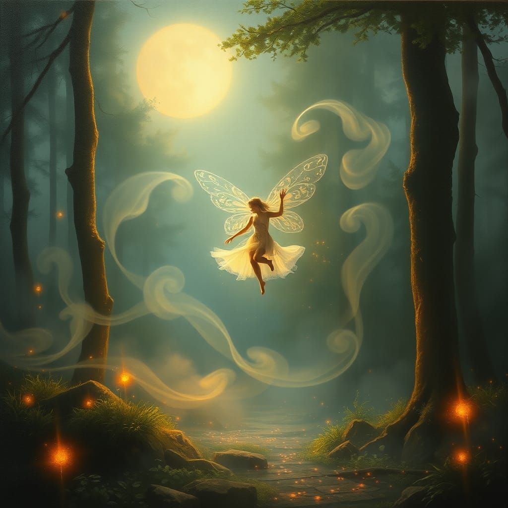 Mystical Fairy Dance in Moonlit Forest: Oil Painting