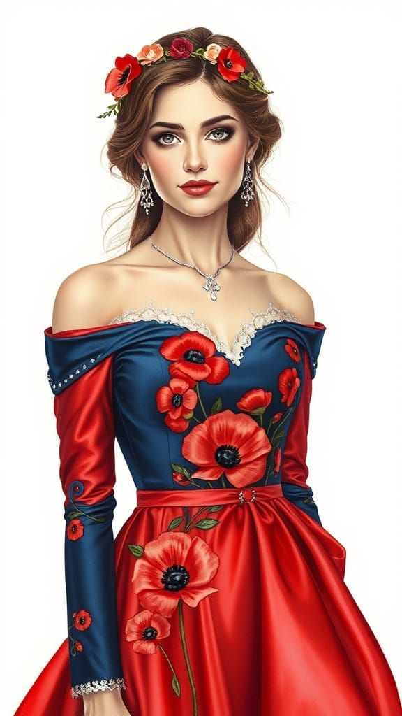 Full body, enchanting hyper realistic acrylic-watercolor mix painting, highly detailed, a graceful, elegant young woman ...