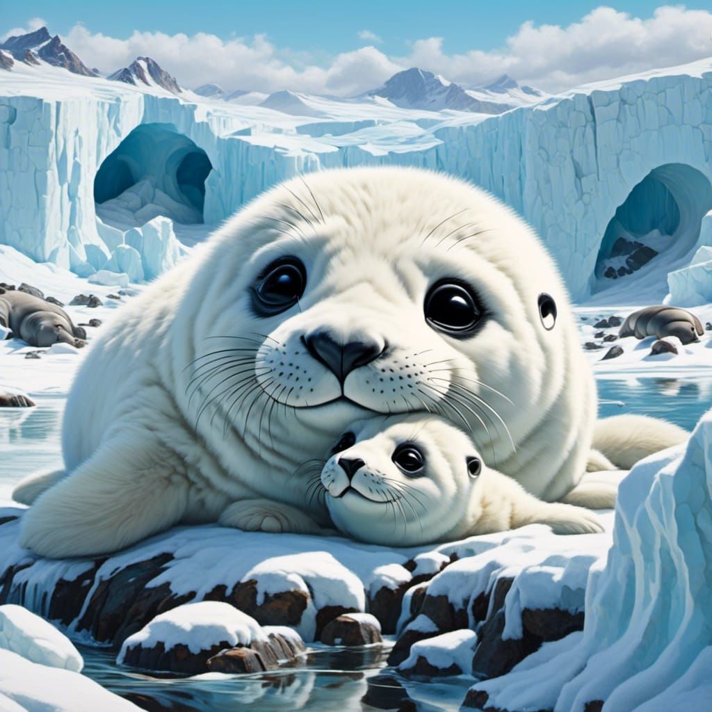 Adorable Baby Seals on Glacier as 3D Render