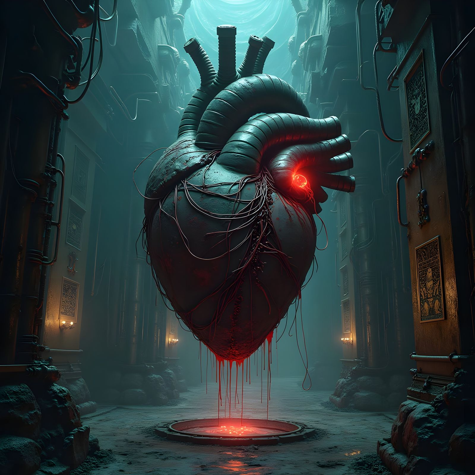 Grotesque Biomechanical Heart in a Twisted, Industrial Lair