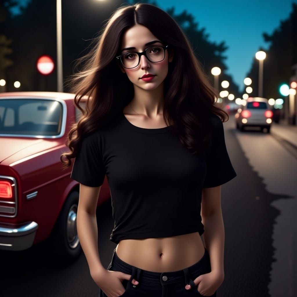 Beautiful Woman by Car at Night: Hyperrealistic Close-Up