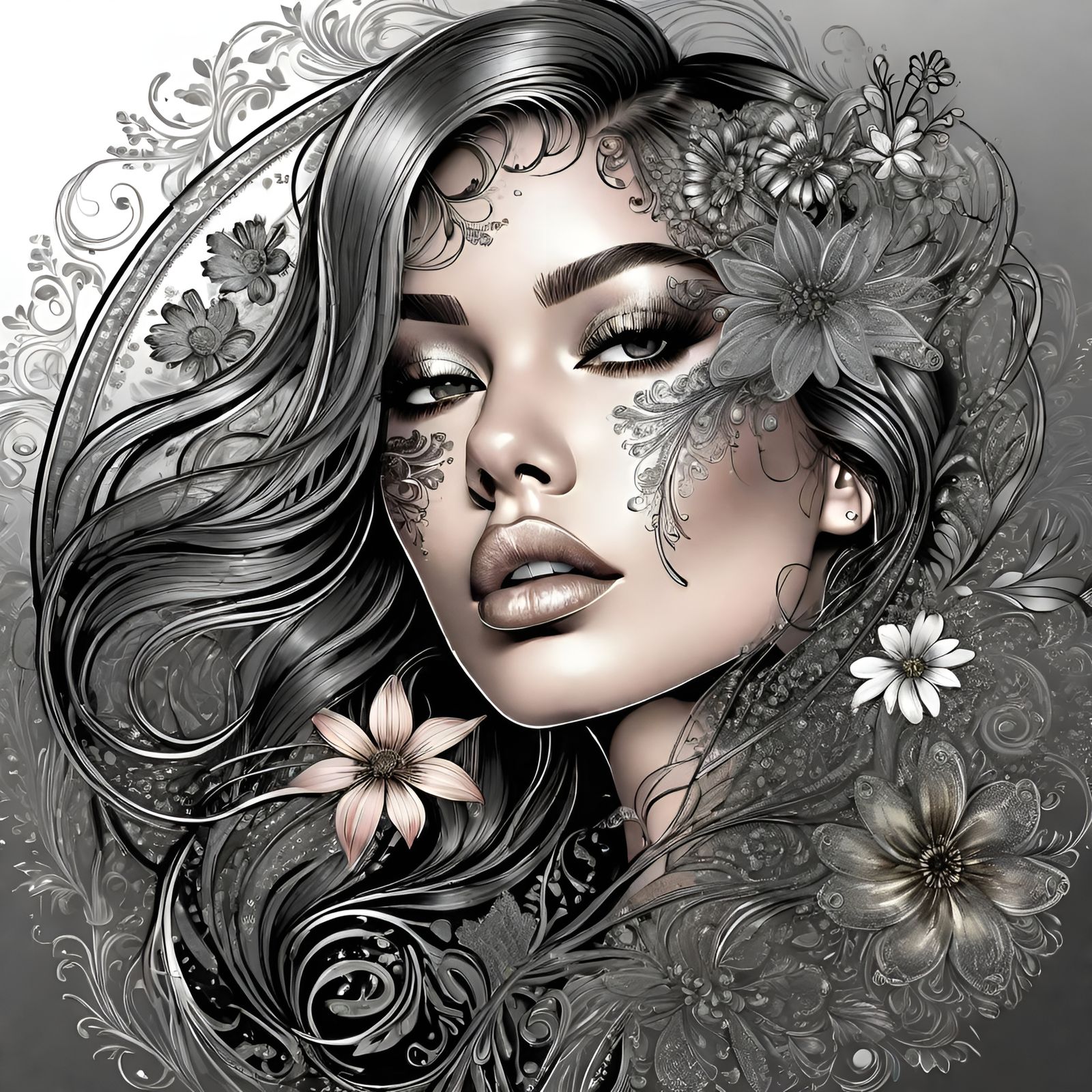 Ornate Flowery Line Art Portrait in Vintage Style