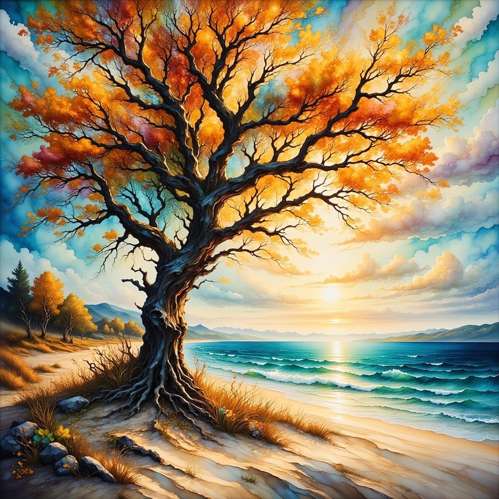 <lora:Fantasy Ink Flux:1.0> A barren tree standing on a sea shore surrounded by sand dunes. Slightly Dutch angle. Thick,...