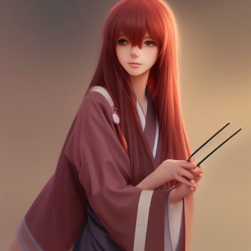 Anime Girl in Kimono with Fan, Hyperdetailed Portrait