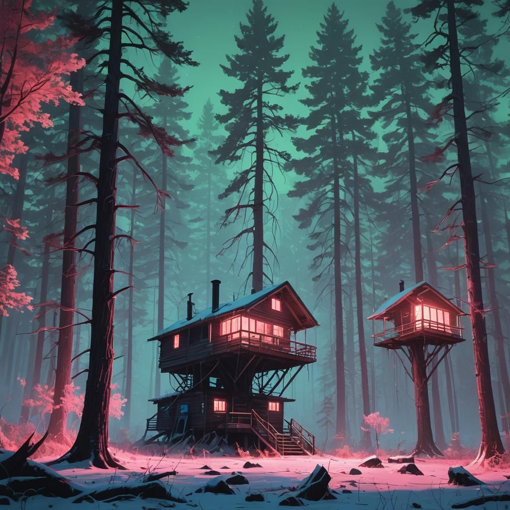 Neon Trees Swaying by Cabin: Vibrant Concept Art