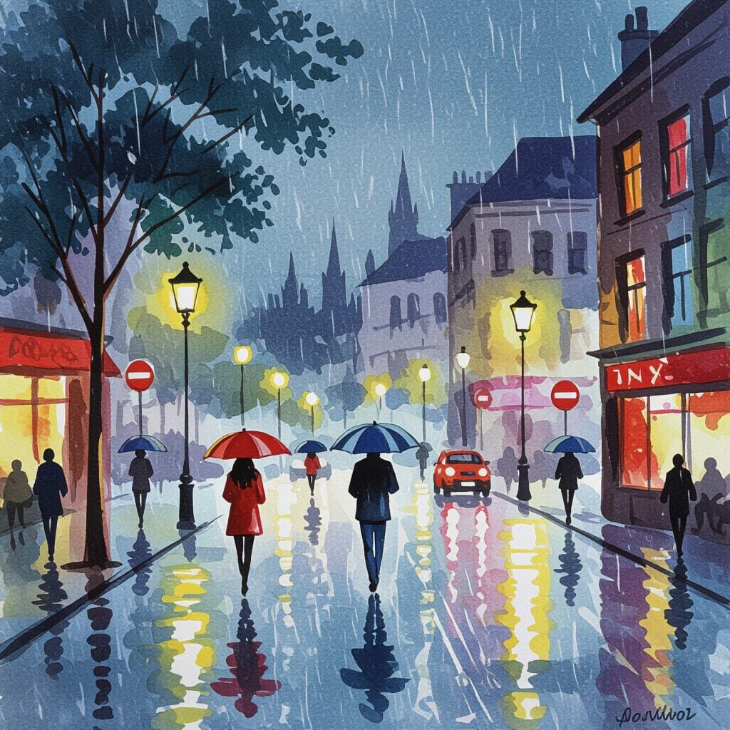 Rainy Night Scene in Watercolor Style