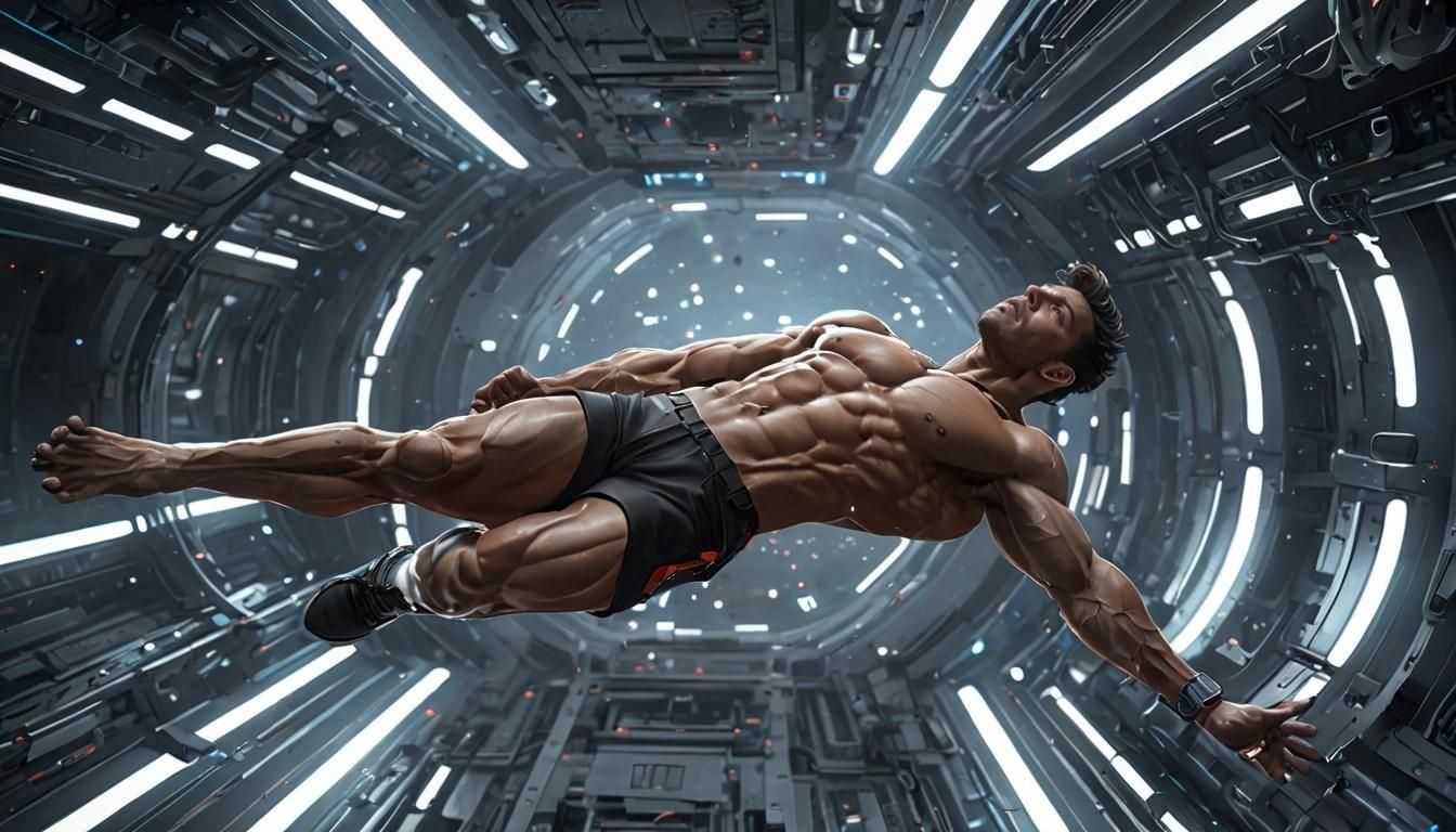 Muscular Man Floating in Vast Space Station: Anime Art