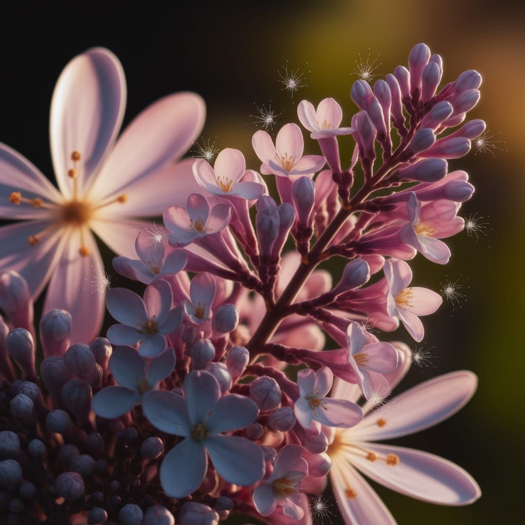 Vibrant Lilac and Moon Flowers in Warm Ethereal Light