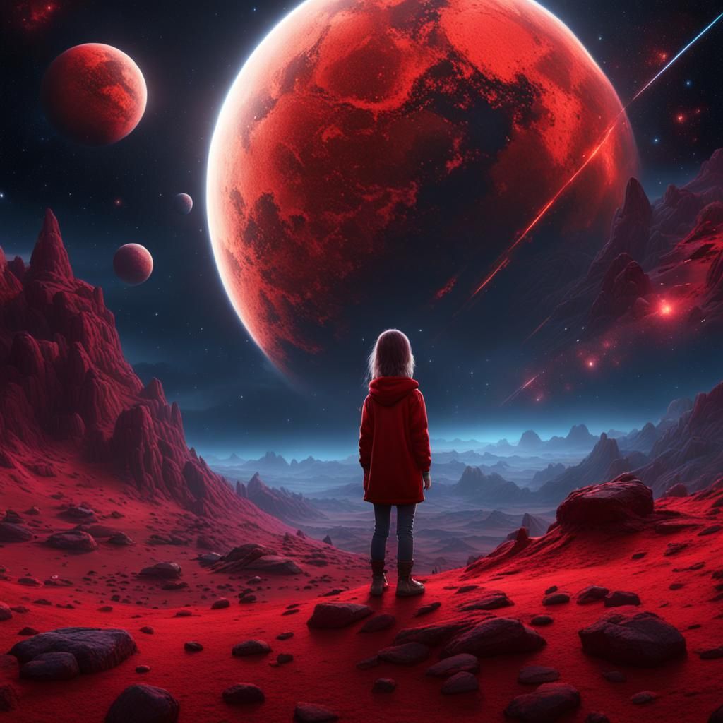 Girl on Planet Gazing at Red Eye Stars
