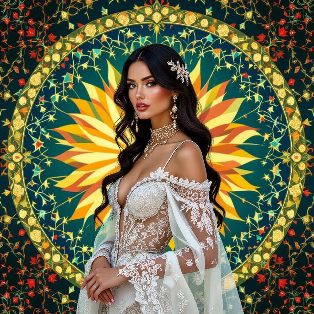 Model in Ornate Attire with Glitch Art Effects