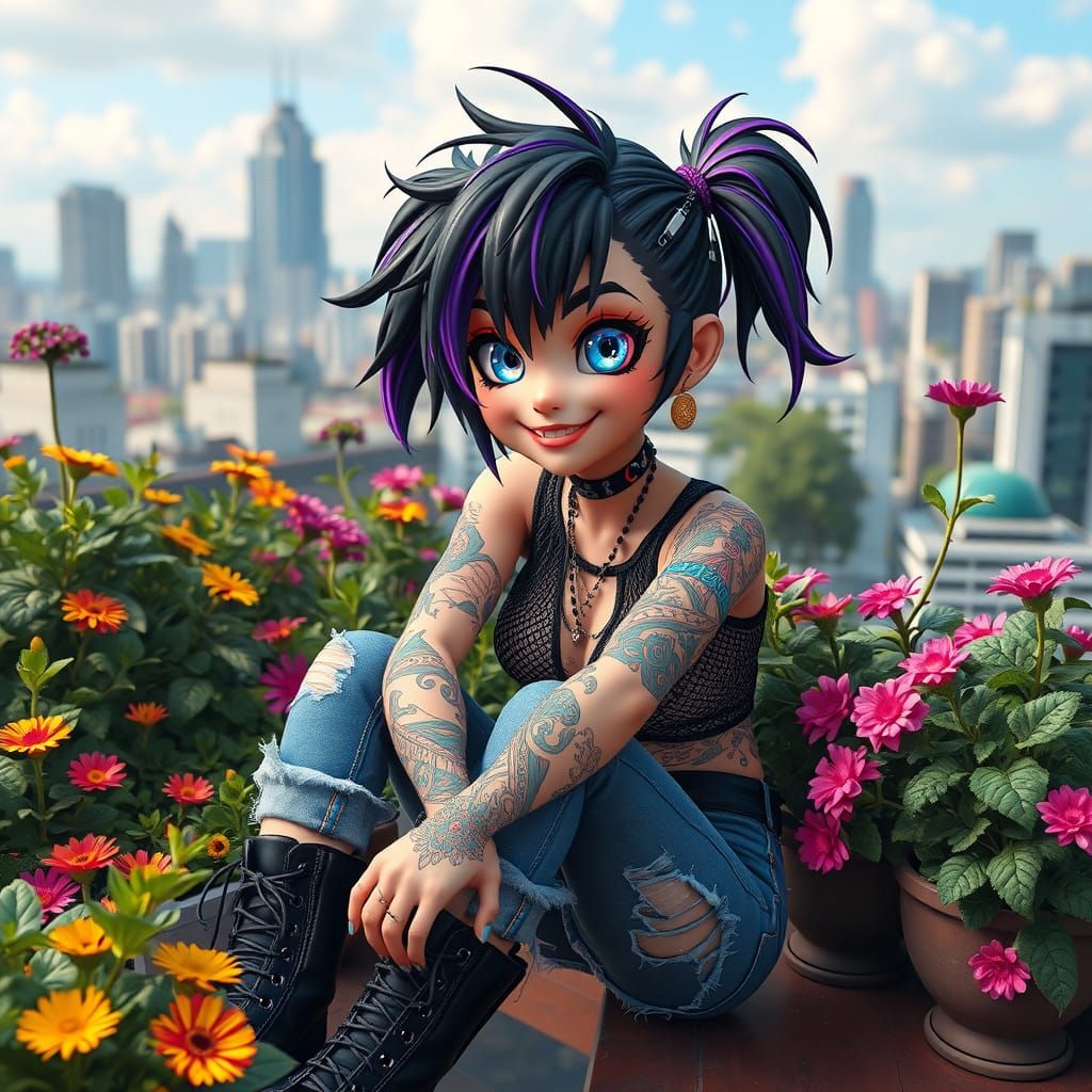 Cutepunk Girl with Tattoos in Flowerpunk Garden, 3D Anime Ar...