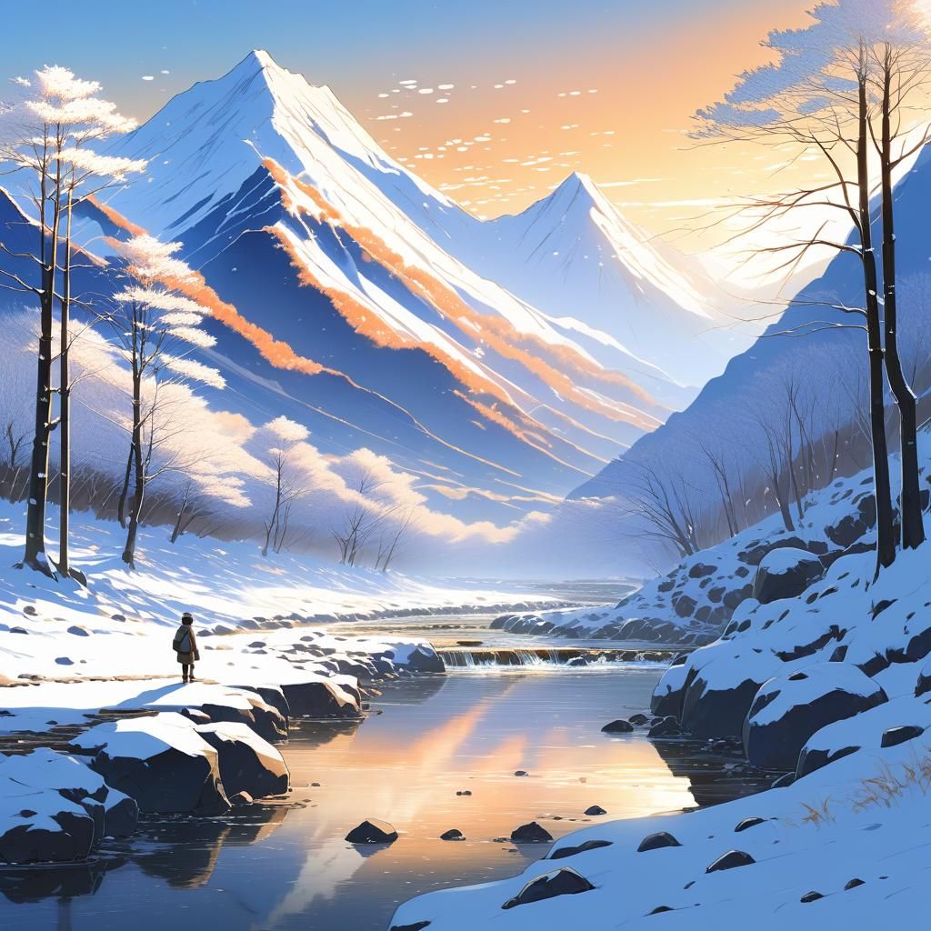 Snowy Mountain Stream in Anime Style