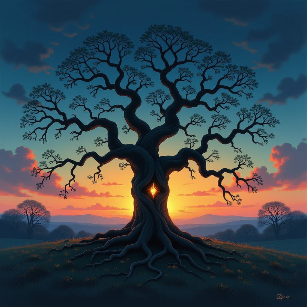 Gnarled Ancient Tree with Hidden Faces in Twilight Sky