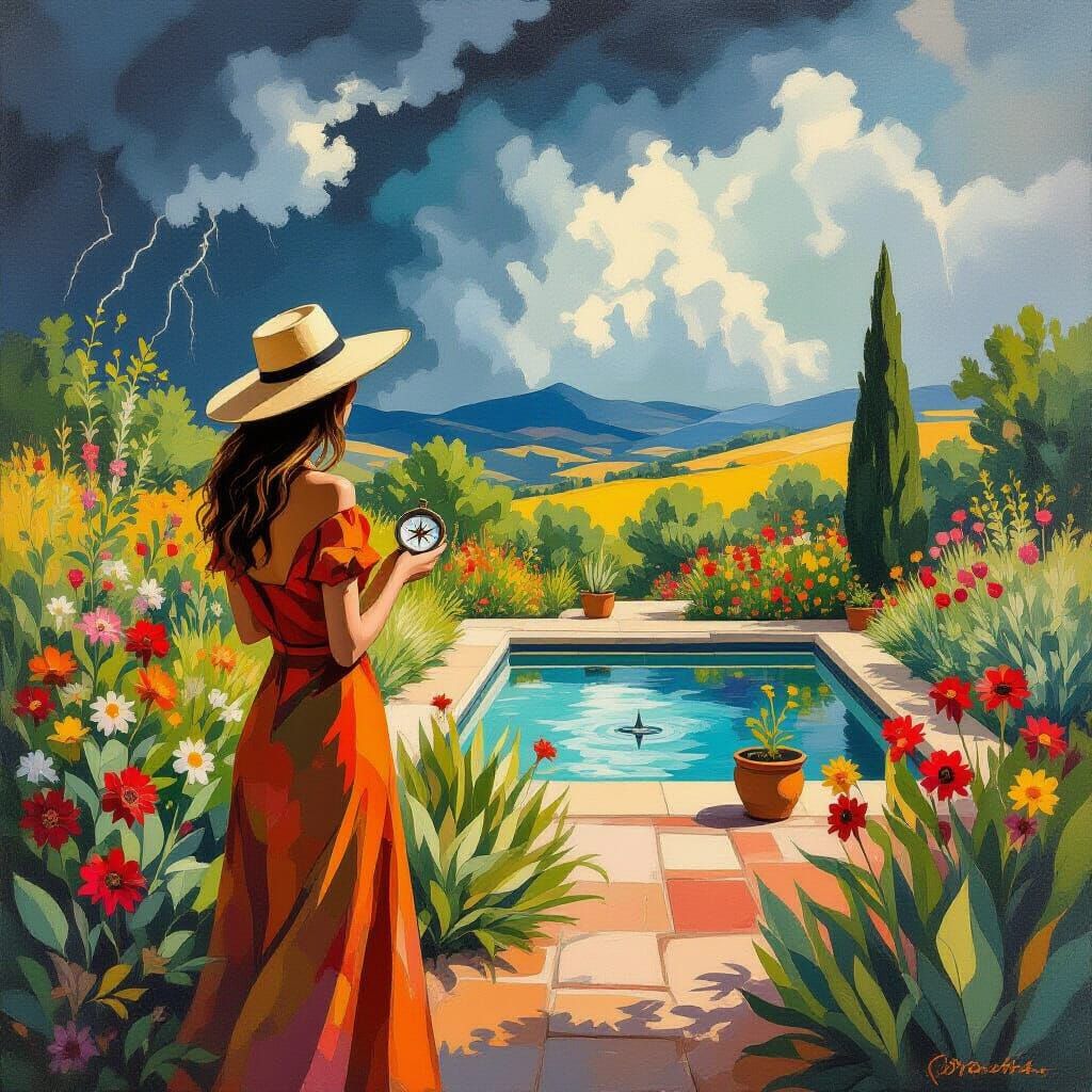 Woman in Lush Garden with Compass Amidst Thunderclouds
