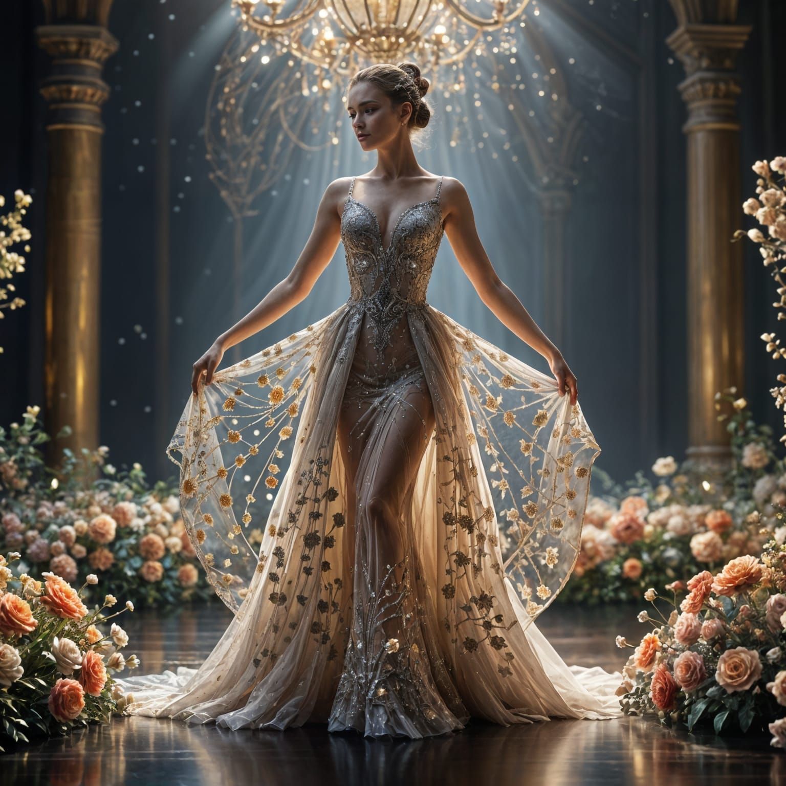 Baroque Ballerina on Floral Stage in Ethereal Light