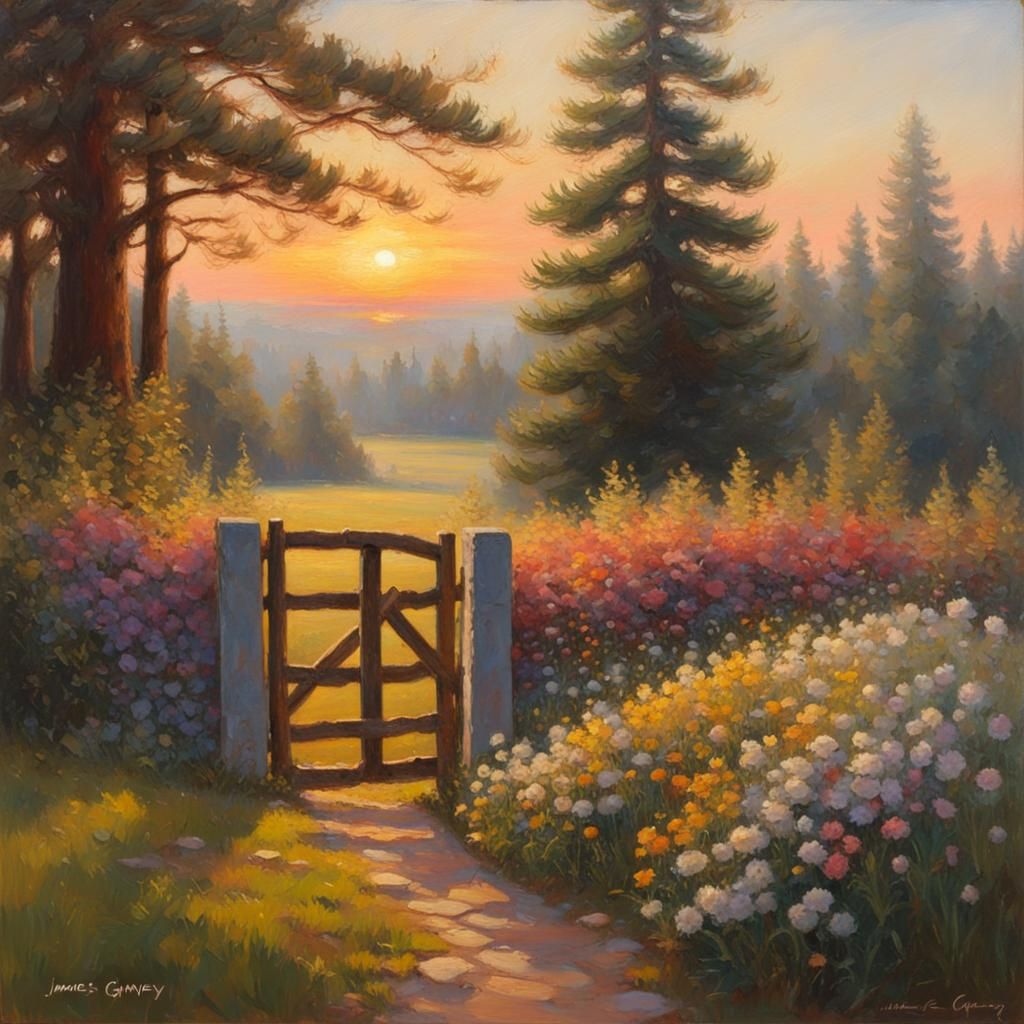 Radiant Sunrise Over Flower Garden: Oil Painting