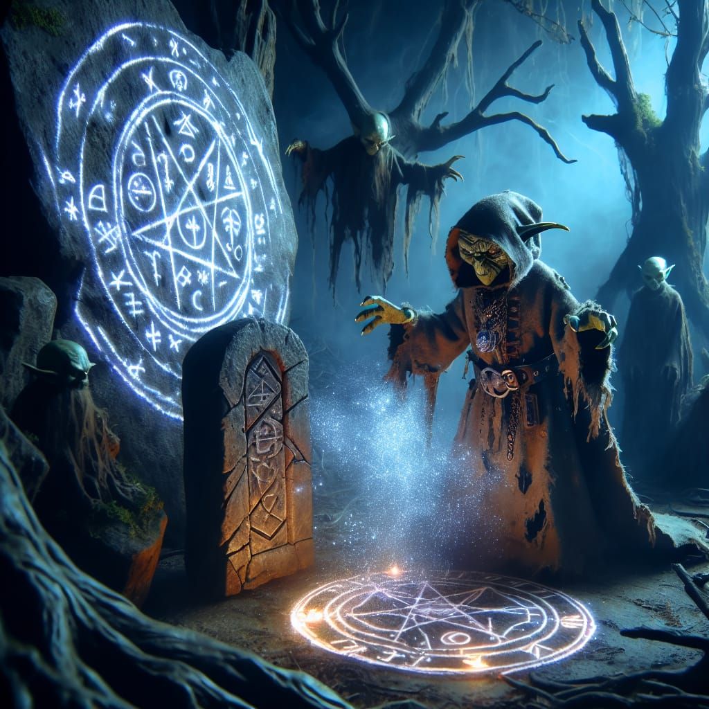 goblin performing ancient magic in a dark, mystical forest. The goblin, dressed in tattered robes adorned with mysteriou...
