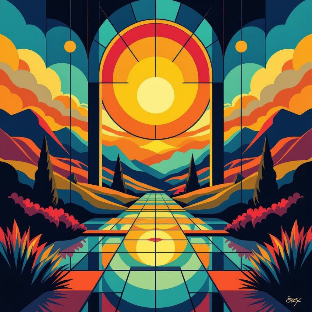 Vibrant Stained Glass Landscape in Digital Art Style