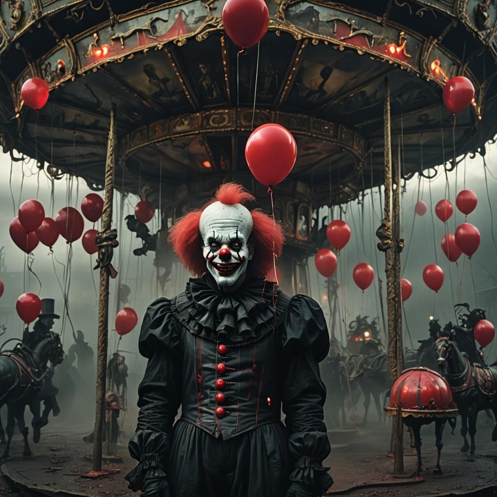 Terrifying Clown at Haunted Carousel in Gothic Horror Style