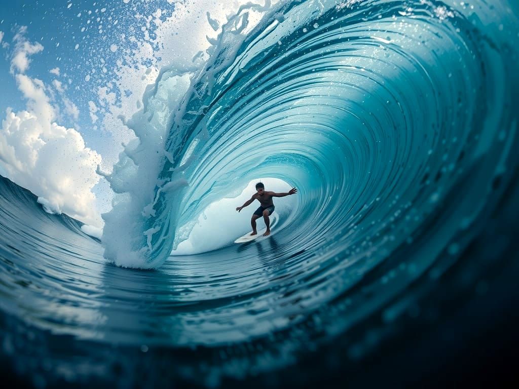 Surfer Riding a Massive Wave in Fisheye Perspective