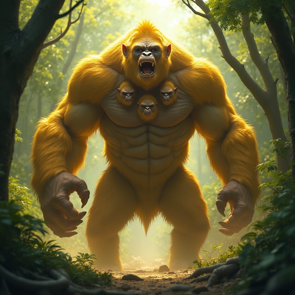 Golden Triple-Headed Ape in Realistic Digital Art