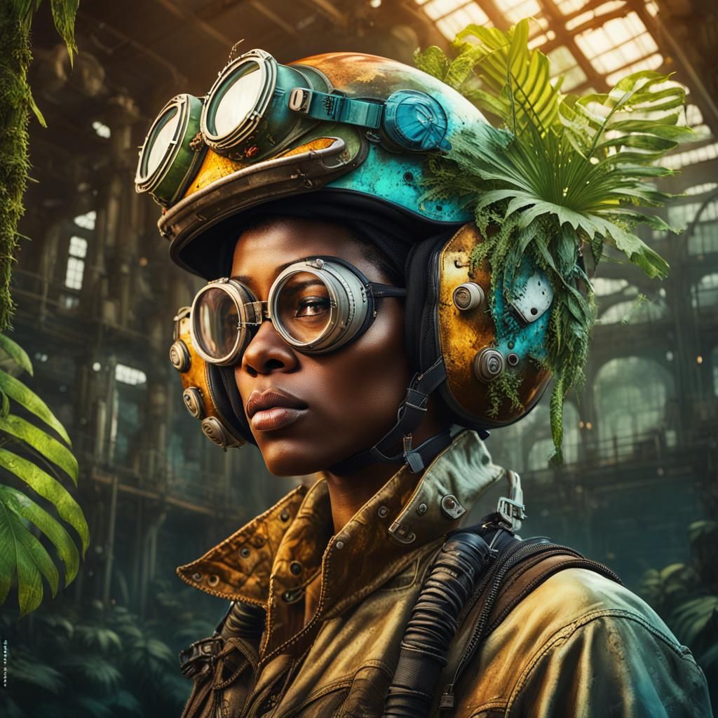 Steampunk Woman in Derelict Factory, Hyperrealistic Portrait