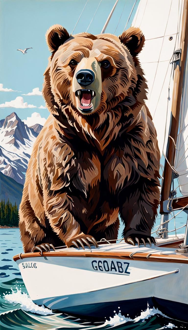 Grizzly Bear on a Sailboat: Gouache Painting