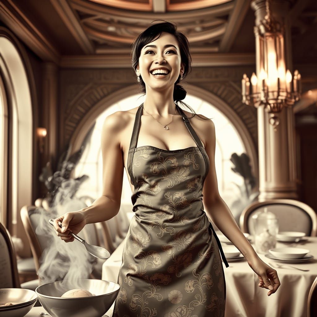 Woman Baking in Luxurious Room with Lyrical Abstraction