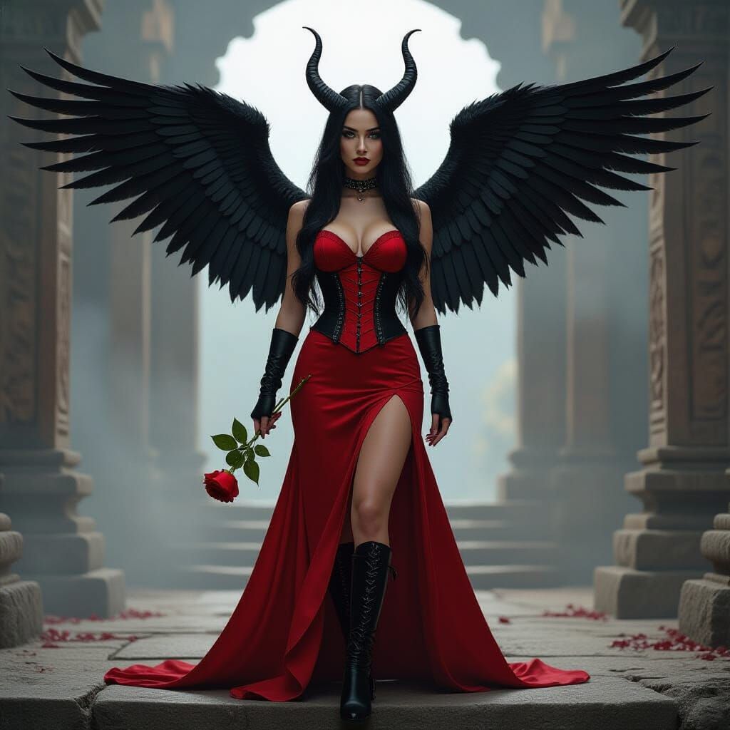 Goddess with Black Wings in Ancient Temple