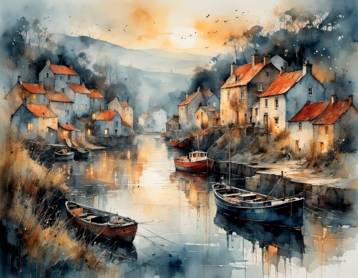 Foggy Daybreak in Swedish Fishing Village