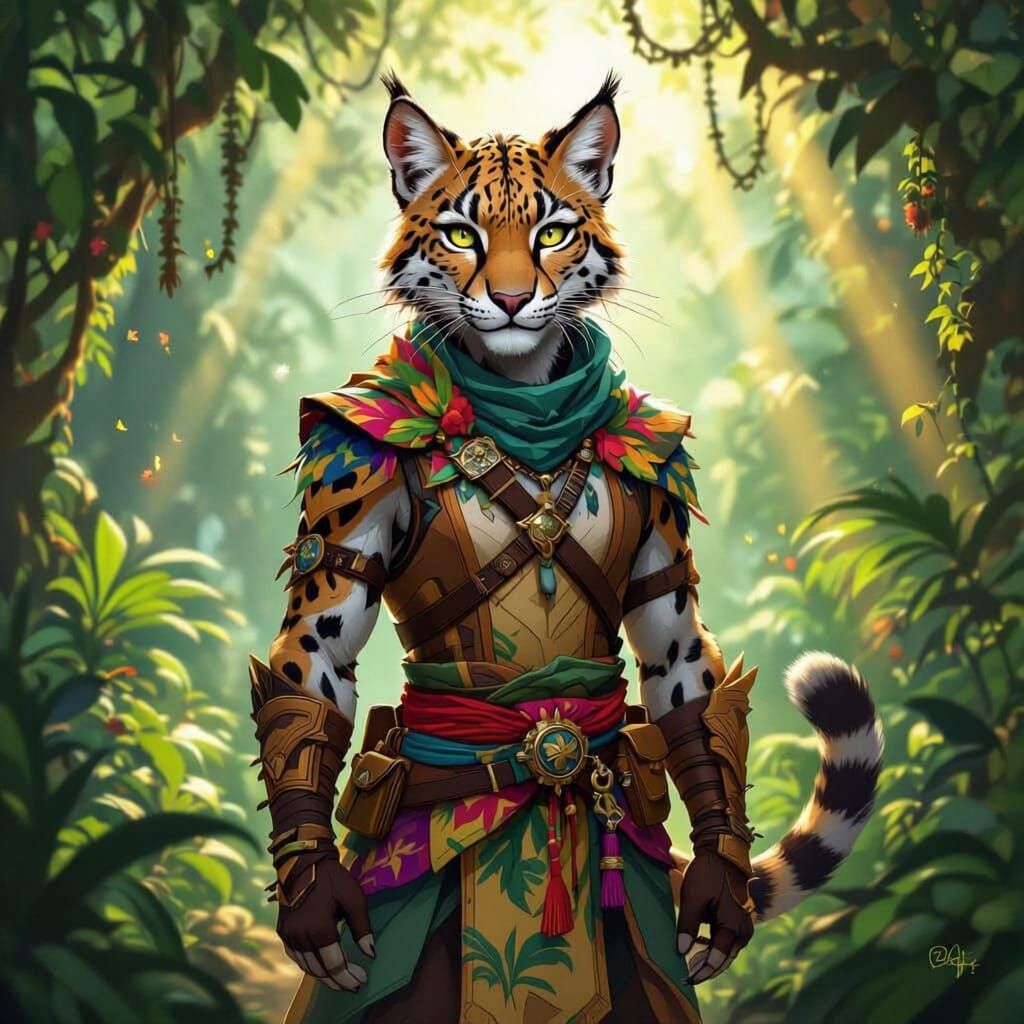 Tabaxi Ranger in Tropical Attire with Clouded Leopard Fur