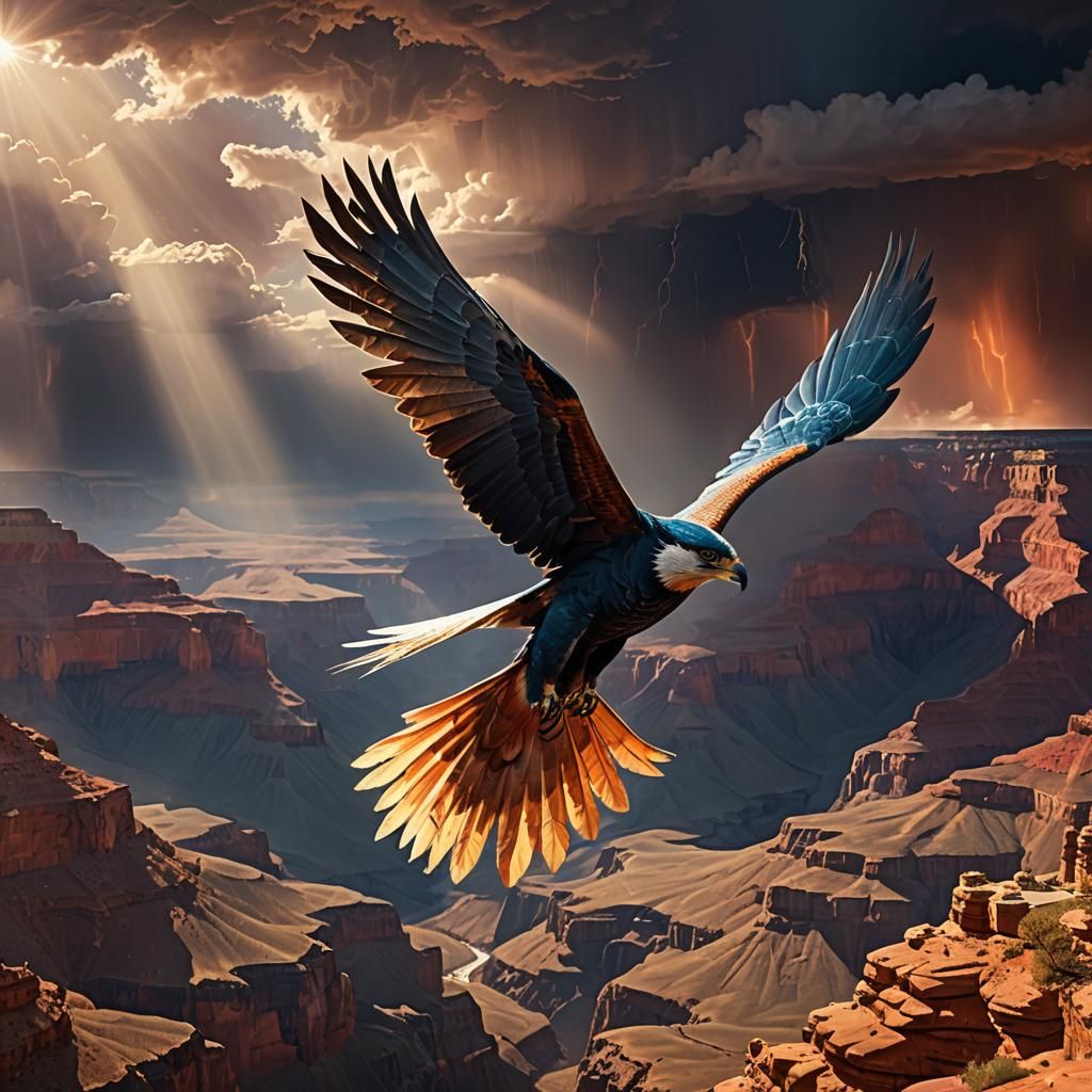 Thunderbird Flies Through Grand Canyon: Surreal Digital Art