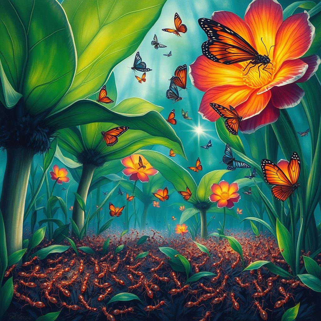 Colony of Iridescent Ants in Vibrant, Fantastical Bloom