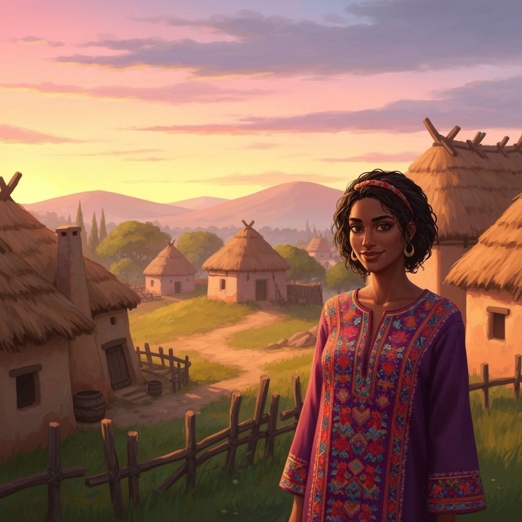 Zahia in Rustic Village Sunset, Whimsical Concept Art